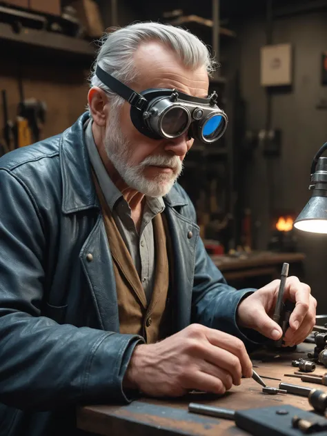 (((masterpiece, UHD, ultra-realistic, photo-realistic, highest quality))), Cyberpunk Style, We focus on an Old man with welding goggles in his ripper-doc workshop, his finger igniting, engrossed in assembling a complex teech at a workbench, away from the workbench the shop is grungy and cluttered, the left wall adorned with myriad tools, Nikon D850 sharp focus, 16k Unreal Engine render, cinematic post-processing, VRay for reflections.