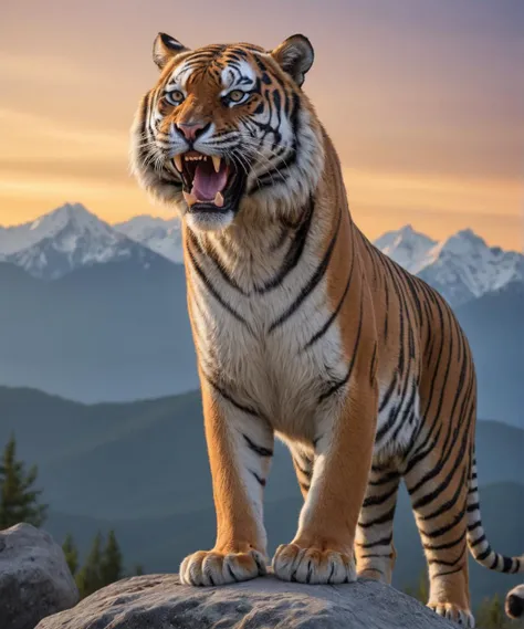 a magnificent tiger stands on a rock,open your mouth and expose your sharp teeth,there are mountains in the distance,dusk,say,animal,award-winning work,amazing natural light,complex details,8K,HDR,brilliant composition,looking_at_viewer,