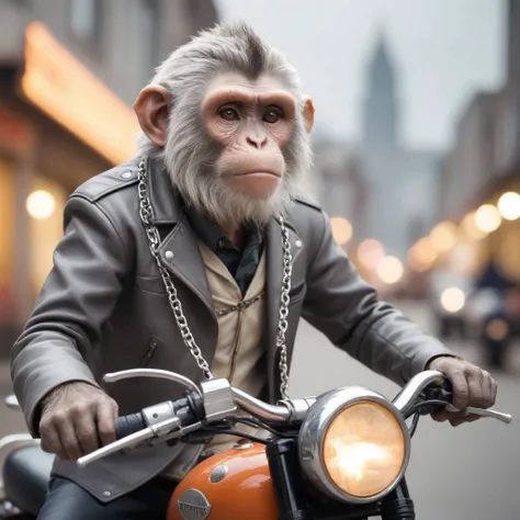 A city abandoned for years, high-key lighting dutch angle shot (photograph:1.2) old wise grey haired monkey wearing (60s clothing:1.2) detailed background bokeh chains, mohawk, motorcycles