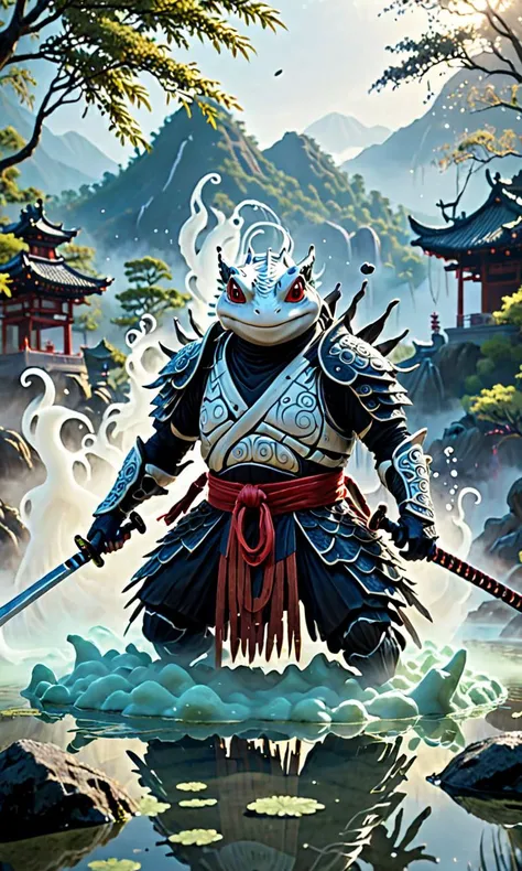 A ninja toad wearing kabuki makeup and costumes and using magic to summon water spirits. with a long katana, fog and swirling pond
Break, Sulfur hot springs in beautiful nature in the background. Ancient White Serpent spirits
Break, full shot, cinematic lighting, dramtic Scene, fantasy, pixar 3D model style, 
<lora:Fantasy_Creatures:0.5>, <lora:eastern_dragon_xl_v1:0.3> eastern dragon, <lora:Gelatine_XL:0.3> Gelatine,  <lora:Soul_Knight_SDXL_-_By_HailoKnight:0.1> soul knight, <lora:add-detail-xl:1>