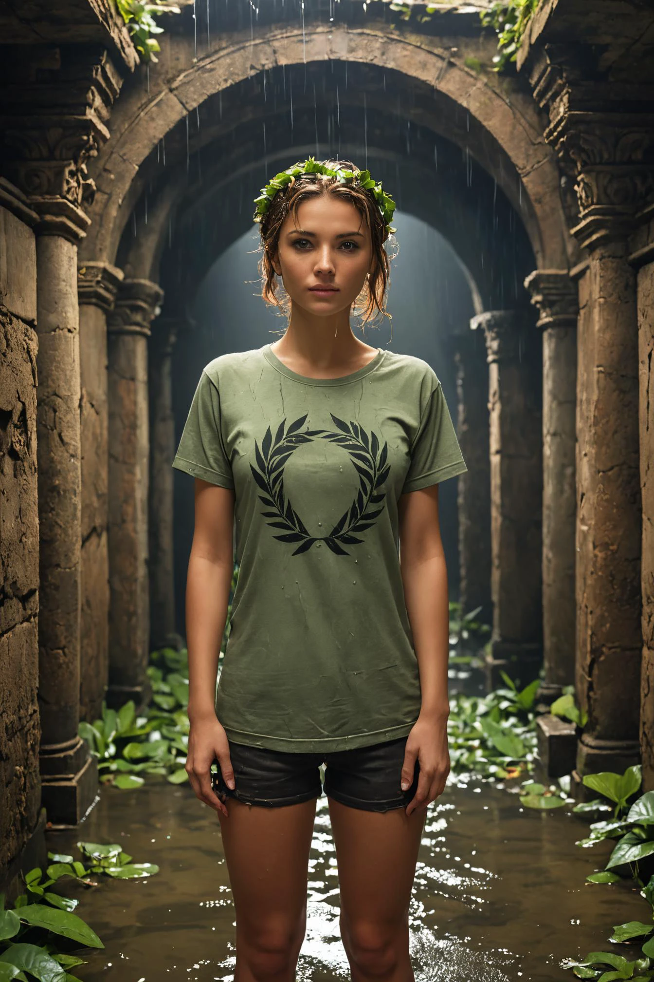 <lora:lyco-style-envydramaticlightingxl01_digital_art-xl:0.6>, (photorealistic), 16K, highly detailed, underground ancient city, wet tshirt, sublime achievement, (dramatic lighting), laurel wreath