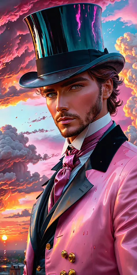 day, (colorful conflagration), film grain, (intricate details:1.1), CGSociety, working environment, raining blood, intelligent, top hat, Exquisite details and textures, cinematic, 4k, pink sunset, professional majestic oil painting, age 35, (ultra realistic), cloudy sky, 8k portrait of beautiful cyborg with brown hair, artstation hd, perfect composition, art, ultra-detailed, depth, faded, (masterpiece:1.2), 24mm, clear skies, contrast