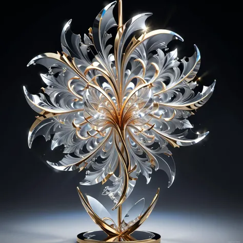 solo, rating:safe, A photo of a large floor standing, fractal inspired, metal and glass crystal wind sculpture. Designed to give the feeling of dance. Masterpiece, sharp focus, highly detailed, high quality, digital illustration, intricate details, elegant, beautiful, light reflection, trending on artstation, sharp focus, photorealistic, hyperrealism, <lora:sdxl_lora_rustako:0.6>