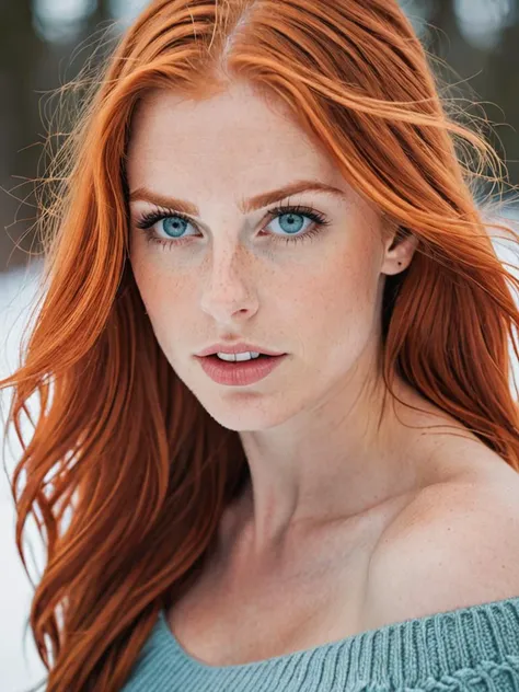 Swedish beautiful young woman, long fiery red hair, ice blue eyes, large breasts, off shoulder sweater, left side is lower, shocked seductive expression
<lora:add-detail-xl:1>