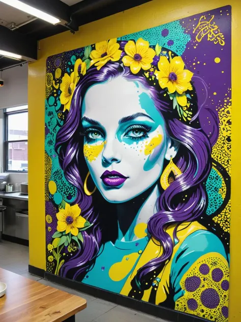Wheatpaste of a (cafeteria:1.3) , the cafeteria is Cozy, sleek, elegant details, DayGlo yellow garden, Winter, deep focus, (street art designed by Tristan Eaton:1.2) , Pendleton Ward, Pointillism, Nostalgic lighting, 80mm, behance, DayGlo purple and Teal flakes, Best quality, <lora:xl_more_art-full_v1:1>, <lora:add-detail-xl:1>