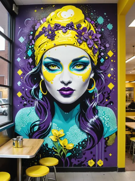 Wheatpaste of a (cafeteria:1.3) , the cafeteria is Cozy, sleek, elegant details, DayGlo yellow garden, Winter, deep focus, (street art designed by Tristan Eaton:1.2) , Pendleton Ward, Pointillism, Nostalgic lighting, 80mm, behance, DayGlo purple and Teal flakes, Best quality, <lora:xl_more_art-full_v1:1>, <lora:add-detail-xl:1>