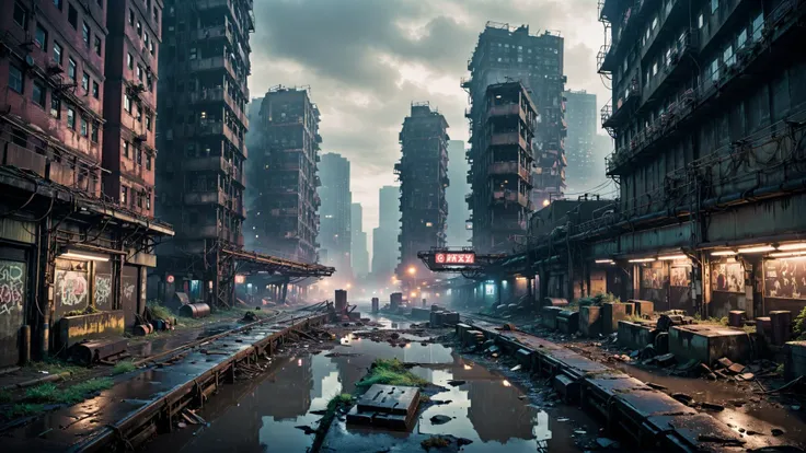 landscape photograph of dystopian Cyberpunk city, Photographic, gritty, dirty, dark, neon