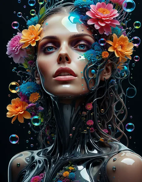 biomechanical style illustration beautiful woman, colorful melting human head. acrylic bubbles and flowers, ferrofluids, water distortions. looking up, intricate abstract. intricate artwork. beeple. blend of organic and mechanical elements, futuristic, cybernetic, detailed, intricate, dark theme, (in awe:1.2), confident, (surprised:0.7), natural skin, style of Stan Manoukian, physically based unbiased rendering, natural lighting, soft shadows, extremely high-resolution details, photographic, realism pushed to extreme, fine texture, 4k, ultra-detailed, high quality, high contrast