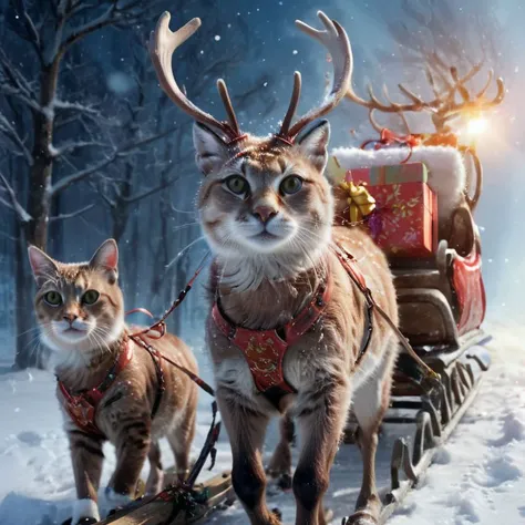 Full body, reindeer with cat face, harnessed to a sleigh filled with presents, in motion, snow, ((glow)) hyper-detailing, hyper-realism, cinematic, action-packed background, <lora:xl_more_art-full_v1:0.8>