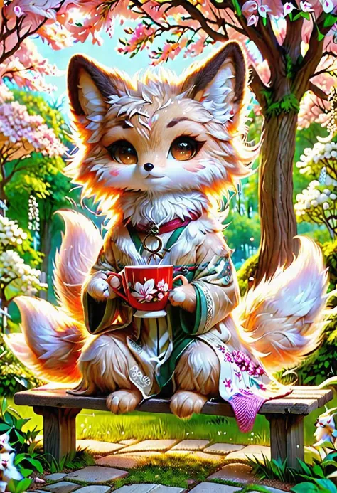 kitsune, ral-fluff, sitting on a bench under a large blooming tree drinking tea, <lora:kitsune-sdxl:1>, <lora:ral-fluff-dxl:1>, BREAK, (8k:1.0), (hi res:1.0), (masterpiece:1.0), (best quality:1.0), (realistic:1.2), (ph0t0x2:1.0)