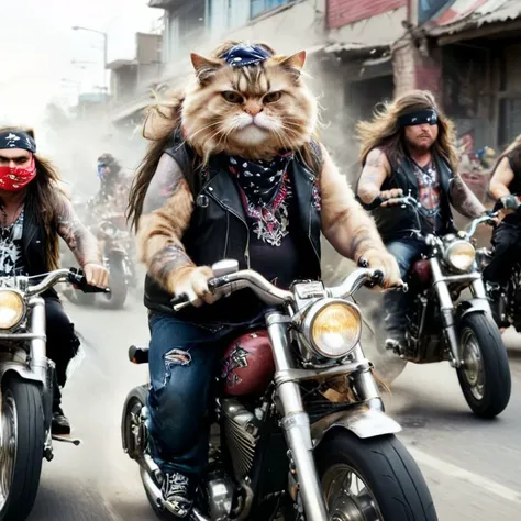((full body)), A gang of Fat cats with very long hair, wearing rocker clothes, wearing bandanas and riding motorcycles - choppers, <lora:xl_more_art-full_v1:1>, the background is action-packed