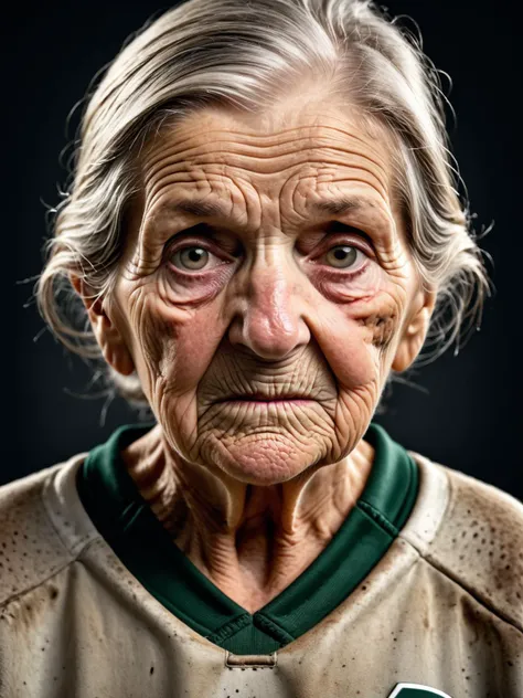 a grungy old grandmother football player, with wrinkly face, high detail high definition photograph or immense resolution and intricate captures, dogde and burn style professional photo grading, sharpened, skin detail texture with small clean pores and material surface properties