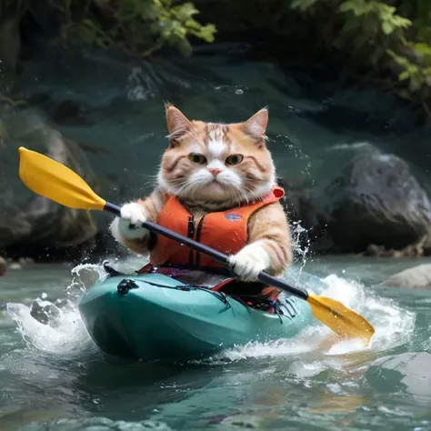 ((full body)), Fat cat floating in kayak, paddling, in motion<lora:xl_more_art-full_v1:1>, action-packed background, correct line