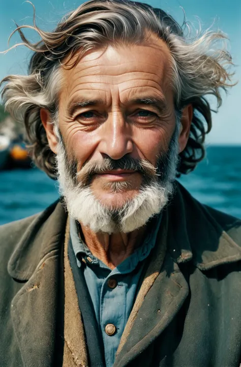 a close up, the 1800s, a hyperdetailed hyperrealist maximalist photograph, damaged photograph, hair, a vintage analog film grain kodak ektachrome photo of a old fisherman sea captain of yesteryear, (analog feel is that of a professional graded LUT of cinematic attributes:1.2), soft (warm:0.8) smile, rugged wrinkles and worn face with stubble and peach fuzz, natural old man, maximalist, an image of immaculate quality and with stunning detail in high definition 8K and beyond, the background is glass shard crisp crystal water and harbour with boat, interesting shadows and contrast, uneven lighting, sky