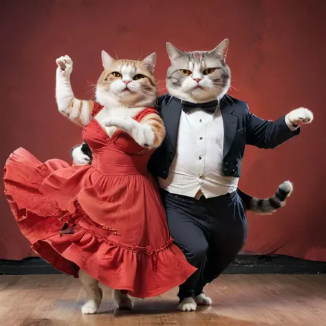 ((full body)), Fat cat dancing tango in costume with fat cat in long red dress<lora:xl_more_art-full_v1:1>, action-packed action-packed background round