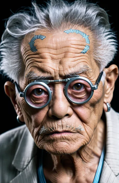 a fashion photoshoot of a old japanese cyclops, one eye, hip hop gangsta cover photo of really old wrinkly senior, fisheye