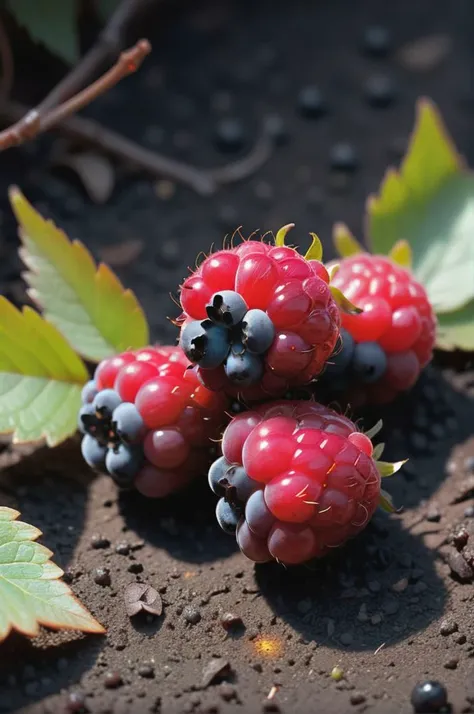 (berry on the ground), hyperdetalization, hyperrealism, beautiful foreshortening, cinematic, glow, reflexes, illuminated <lora:lit:0.7>, ((predominant three colors))