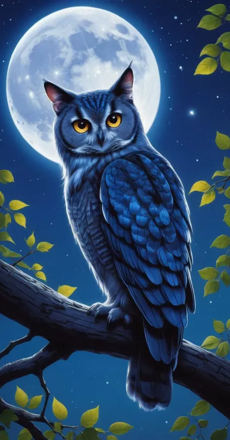digital art of an enchanting cat with a owl's wings perched on a tree branch, deep blue night sky backdrop with full moon glowing and stars twinkling, silhouettes of lush treetops visible, summer setting, cat's fur a mix of rich blues and purples with whimsical patterns, oversized eyes reflecting the moonlight, mysterious and captivating expression, stylized cartoon rendering, luminous colors and bold outlines, magical and dreamy atmosphere, focus on the owl-cat hybrid bathed in moonlight, surrounding foliage adding depth and texture