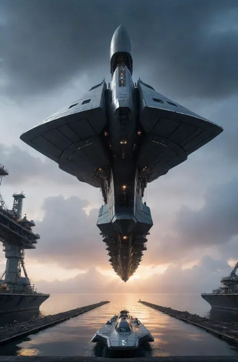 a gigantic spaceship at dawn, stretching back, with volumetric light rays at cloudy dawn being loaded in a dock
