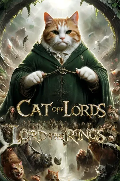 (("Cat Lord of the Rings" (text logo:1.8))) <lora:Harrlogos_v2.0:1.8>, (full body), (((fat cats))), (screensaver for the movie "The Lord of the Rings", fat cats, fat cats in the costumes of the movie The Lord of the Rings), predominant green and gold and white color, hyper-detailed, hyper-realism, sharp shot, cinematic, background action-packed, <lora:xl_more_art-full_v1:1>,