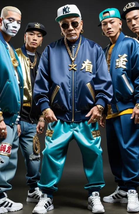 a fashion photoshoot with dynamic dutch angle of a hip hop gangsta cover photo of (old senior:1.2) japanese boy band