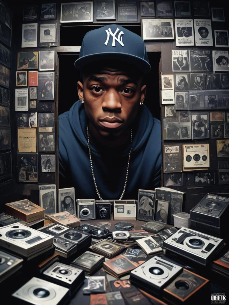 a hiphop album cover, in an image filled with deep darks in the style of an analog film grain, hdr, extremely detailed, 8k, 35mm photograph, amazing natural lighting, brilliant composition