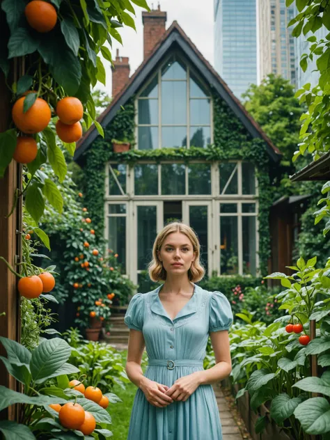 Hampden College, 1982, dark academia. A young ((((19-year-old)) Camilla Macauley)), in a mansion garden, mansion in the background, ((((white clothings from the 1980s)))), ((dark-blonde hairstyle of the 1980s)), ((colorful, Monet))