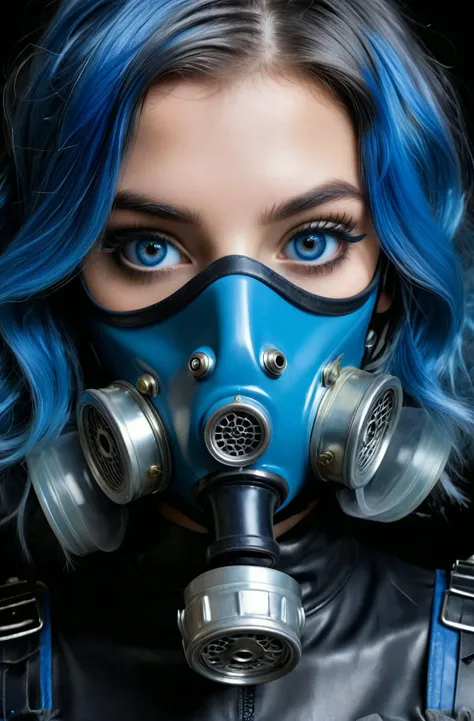 (close up:1.2), a hyperdetailed hyperrealist maximalist photograph of an abstract art surreal girl in a blue dress with a gasmask on in black leather and rubber with glass eyes, the girl has blue hair, maximalist, an image of immaculate quality and with stunning detail in high definition 8K and beyond <lora:XKSTDOv2-000024:0.1>