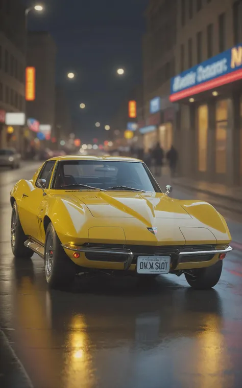 street racing car, Need for Speed, Chevrolet Corvette Stingray 1965, in drift, evening city street on background, reflective, closeup shot