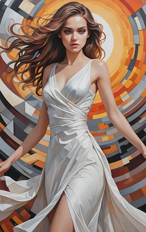 silk painting, Cubist artwork, Geometric shapes, abstract, innovative, revolutionary,, Sunset color guide, Pixel Art, Dystopian Theme, Bleak, post-apocalyptic, somber, dramatic, highly detailed,, creative, 1 pretty woman, white dress, dancing with grace, invoking elemental energies through movement, detailed eyes, detailed face, dramatic angle, masterpiece, best quality, highly detailed,