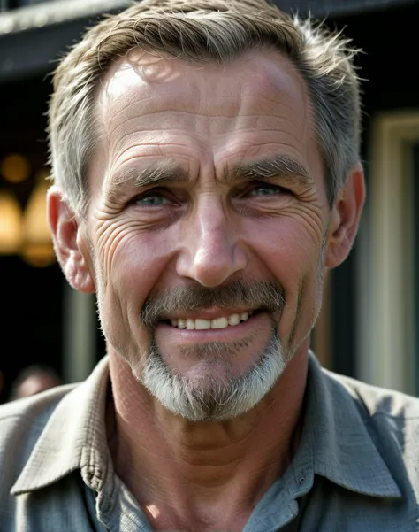weathered, elderly man, deep creases, time-worn, weather-beaten, aged appearance, rugged jawline, thick salt-and-pepper beard, stubble, solitude etched on his face, contemplative expression, intense gaze, visible signs of a life well-lived, eyes filled with profound wisdom, wrinkles etched deeply, weariness evident in his features, tears glistening in his eyes, hyper-realistic portrayal, close-up view emphasizing every detail, Photorealistic, Hyperrealistic, Hyperdetailed, film noir, analog style, demure, low cut, black lace, detailed skin, pores, smirk, smiling eyes, matte skin, outdoor cafe, soft lighting, subsurface scattering, realistic, heavy shadow, b&w, masterpiece, best quality, ultra realistic, 8k, Intricate, High Detail, film photography