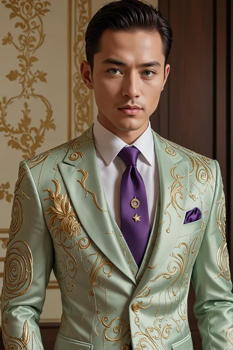 macro photoshoot, close up, detailed, shallow depth of field, revealing a 35 year old asian man with a chiseled jawline and piercing green eyes walks confidently into the room, dressed in an outfit that defies conventional fashion norms. his ensemble is comprised of a bespoke three piece suit crafted from iridescent silk, woven with threads of silver and gold that seem to shift and shimmer like the moon's gentle glow. the jacket, adorned with intricate embroidery resembling the delicate patterns found on ancient japanese scrolls, falls effortlessly across his broad shoulders, framing his lean physique. the trousers, cut slim but not too tight, are embroidered with subtle, swirling motifs that evoke the whorls of a nautilus shell. a crisp white shirt, starched to perfection, peeks out from beneath the jacket's hem, its cuffs adorned with tiny, sparkling gemstones that seem to dance in the light. a patterned silk tie, woven with threads of sapphire and amethyst, adds a pop of color against his dark skin tone, drawing attention to his strong neck. on his feet, he wears handcrafted loafers made from supple black leather, adorned with delicate silver buckles that resemble miniature sculptures. his fingers are long and deft, ending in elegant, manicured nails that seem to be a perfect match for the refined, cultured air that surrounds him. as he moves, the iridescent threads of his suit shimmer and glimmer, casting an ethereal glow around him. the overall effect is one of understated elegance, as if this man has stepped straight from a high fashion editorial spread into the real world.