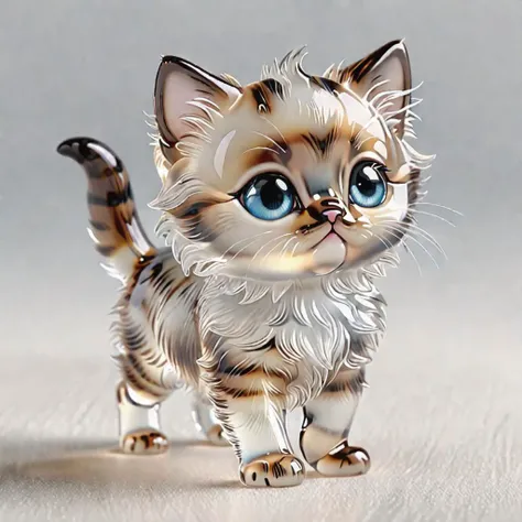 Walking Cute fluffy chibi kitten made out of translucent and transparent glass, , transparent, 4k, very cute eyes, sparkling eyes, highly detailed, side view, full body