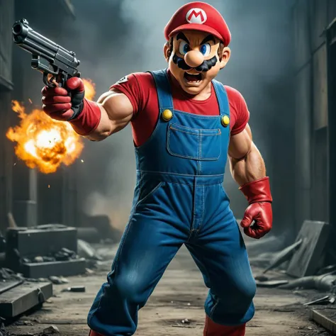 high quality art , taken with a professional grade camera with exquisite color grading , 
full body , mario holding gun , angry face , strong hands , muscular ,