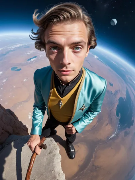 a high defintion photo of wanderer, wise wandering wizard man boy with walking stick, hitchhiker, dutch angle, dynamic, interesting, captivating, close up face, from above, fisheye, You are the universe experiencing itself, Universe fulfilling the body, renaissance aesthetic, Star trek aesthetic, pastel colors aesthetic, intricate fashion clothing, highly detailed, surrealistic