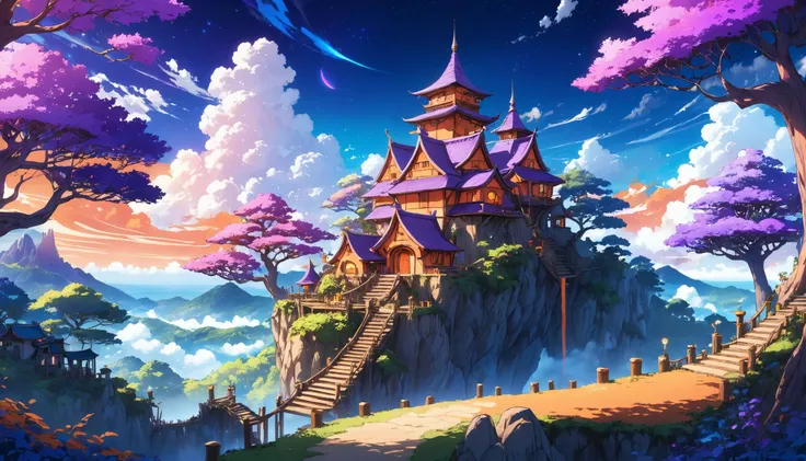 anime artwork fantasy village build on high trees in magical forest, high contrast, bright purple and orange lights, blue sky with white clouds . anime style, key visual, vibrant, studio anime, highly detailed
