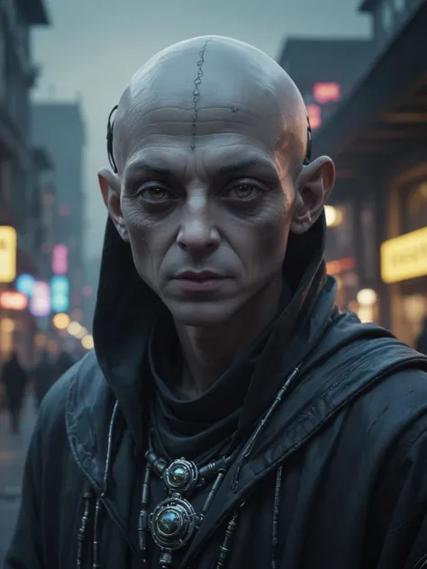 maximalist beautiful 3D render of the highest quality of a close up portrait of an alien monk made out of translucent ether and smoky magic, in a cyberpunk harbor on a still Sunday evening