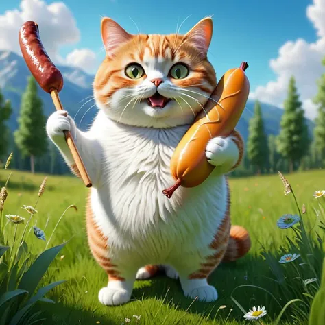 full body, (fat cat), holding a sausage, in a meadow, hyper-detailed, hyper-realism, sharp frame, cinematics, lit <lora:lit:0.8>