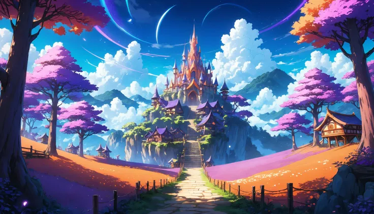 anime artwork fantasy village build on high trees in magical forest, high contrast, bright purple and orange lights, blue sky with white clouds . anime style, key visual, vibrant, studio anime, highly detailed