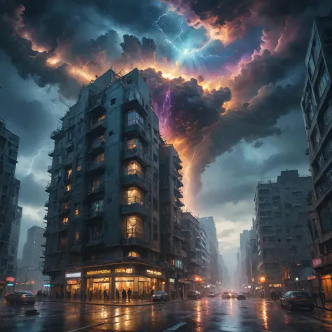 astounding,mind-blowing,8k, hdr, high details,intricate details, majestic, crepuscular rays, telescopic, astral, perihelion, quasar, futuristic cyberpunk metropolis during a cosmic thunderstorm, rain,lightning destroys a building,constellation,hyperkraximalism,beautifully lit,cinematic lighting <lora:hyperkraximalism:0.6>