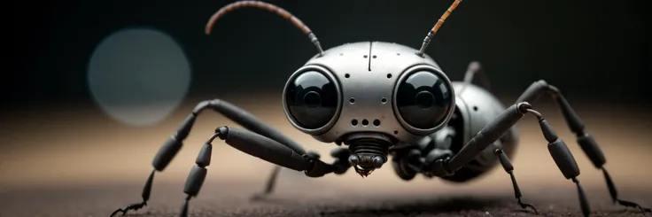 moody low key cinematic scene,potrait of a machinarium robot ant,high detail,centered composition,bokeh,wide shot,medium shot,50 mm,f2.8,film grain,<lora:Christopher Ryan McKenney Style:1>,on a computer keyboard,