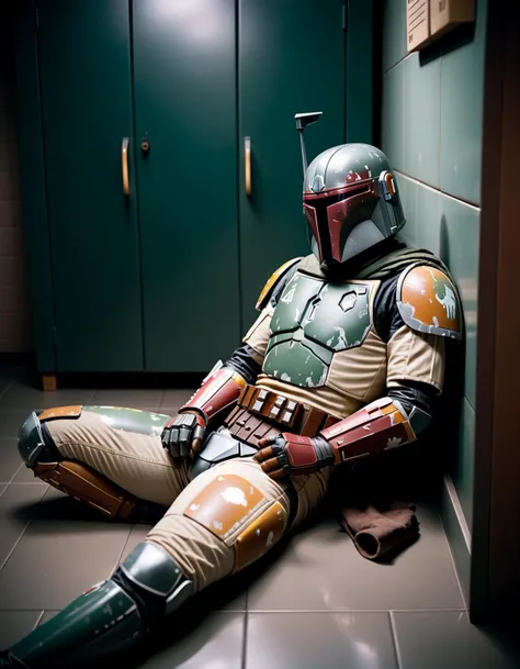 cinematic photo Polaroid, dramatic lighting, (The Mandalorian, Boba Fett:1.2) sleeping in the toilet booth, on the floor, fetal position, Tai chi, Fuji superia 400 . 35mm photograph, film, bokeh, professional, 4k, highly detailed, involved in a project