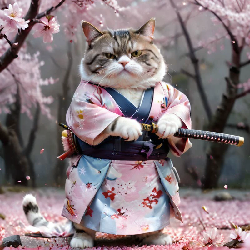 (full body), (((fat cat))), (a fat cat in a kimono with a katana in his hands, against the background of sakura, sakura petals), hyper-detailed, hyper-realism, sharp shot, cinematic, background action-packed, <lora:xl_more_art-full_v1:1>, <lora:lit:0.5>, effect bokeh