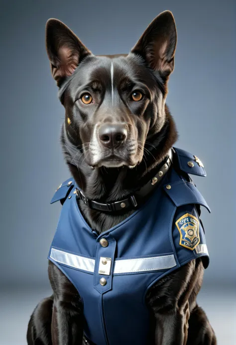 dog of german shepherd、police cap on head、The clothes are police clothes、American police car in the background