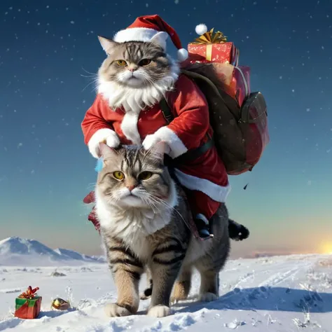 full body, ((fat cat riding on santa claus, snowy plain, bag of presents on his shoulder, rear view, new year, holiday)), ((glow)) hyper-detail, hyper-realism, cinematic, action-packed background,  <lora:xl_more_art-full_v1:0.8>