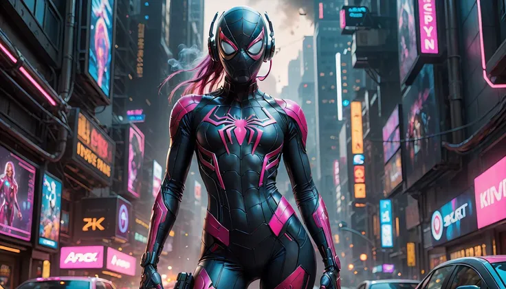 ~*~CyberPunk~*~ HDR FULL BODY VIEW photo of Hyperrealistic art Wonderful, intricate, SPIDERMAN (a superb Art Brut Decollage art, Avengers), with a pink bodysuit biomorph, anatomical circuit body, biomechanical details, (smoke and iridescent colors:1.1),