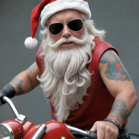 santa claus riding a motorcycle, tattoos, sunglasses