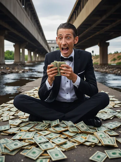 under a bridge, an very skinny man in tuxedo with a sunken face holding and eating a big stack of cash, (screaming:0.6), homeless, chewing on dollars, extremely detailed, 8k, 35mm photograph, amazing natural lighting, brilliant composition