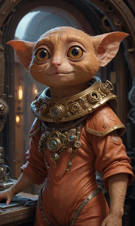 Tarsier, looking at viewer, seductive smile,, ancient humanoid being textured with secret magical symbols of different colors inside a spacecraft, detailed digital painting by james c. christensen and greg rutkowski trending on artstation 4 k 8 0 p 3 2 6 5 hd 1 9 7 fc barometric projection - n9 w 10 d oil paint illustration surrealism style highly rendered award winning render hyperdetailed unreal engine octane raytracing