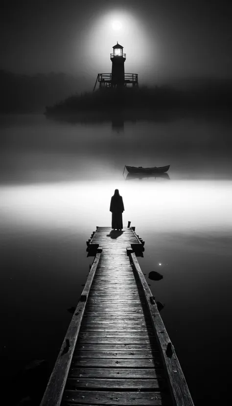A haunting, film noir-inspired black and white photograph of a lone, spectral figure standing at the end of a fog-shrouded pier, serving as the dominant focal point. Surrounded by the eerie silhouettes of abandoned boats and the ghostly reflections of a moonlit lake, the figure seems poised between the realms of the living and the dead.